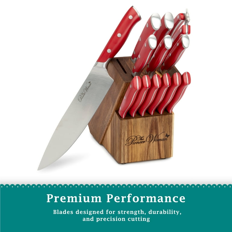 The Pioneer Woman Pioneer Signature 14-Piece Stainless Steel Knife Block Set, Red