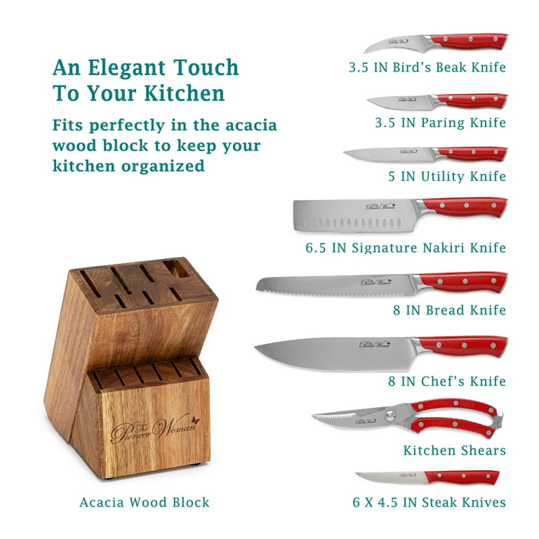 The Pioneer Woman Pioneer Signature 14-Piece Stainless Steel Knife Block Set, Red