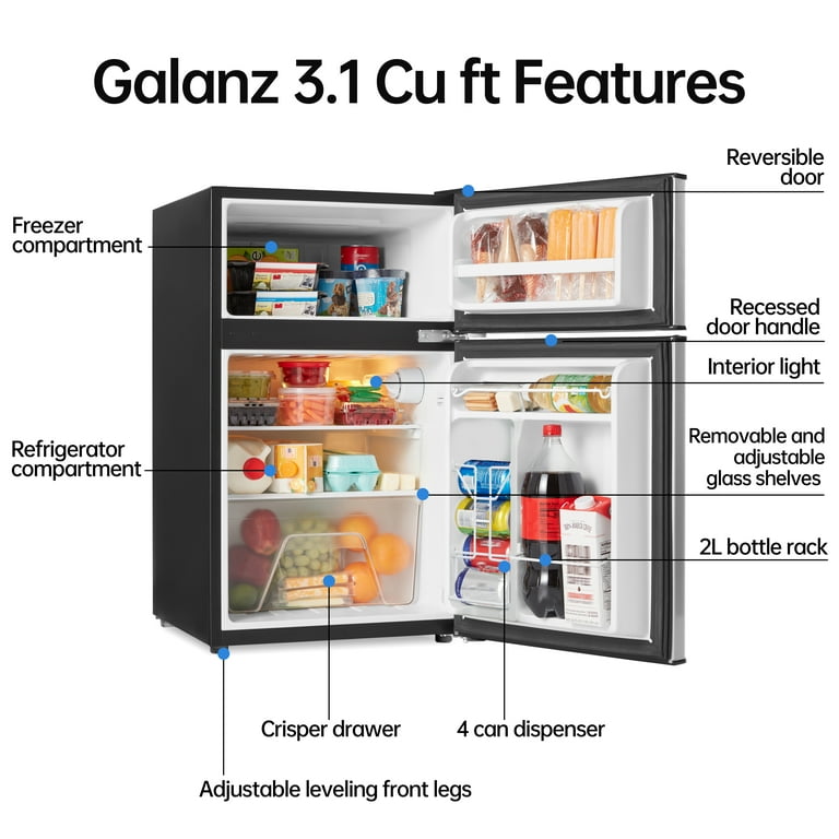 Galanz 3.1 Cu Ft Mini Fridge with Freezer – Stainless Steel, Energy Star, Two-Door Compact Refrigerator