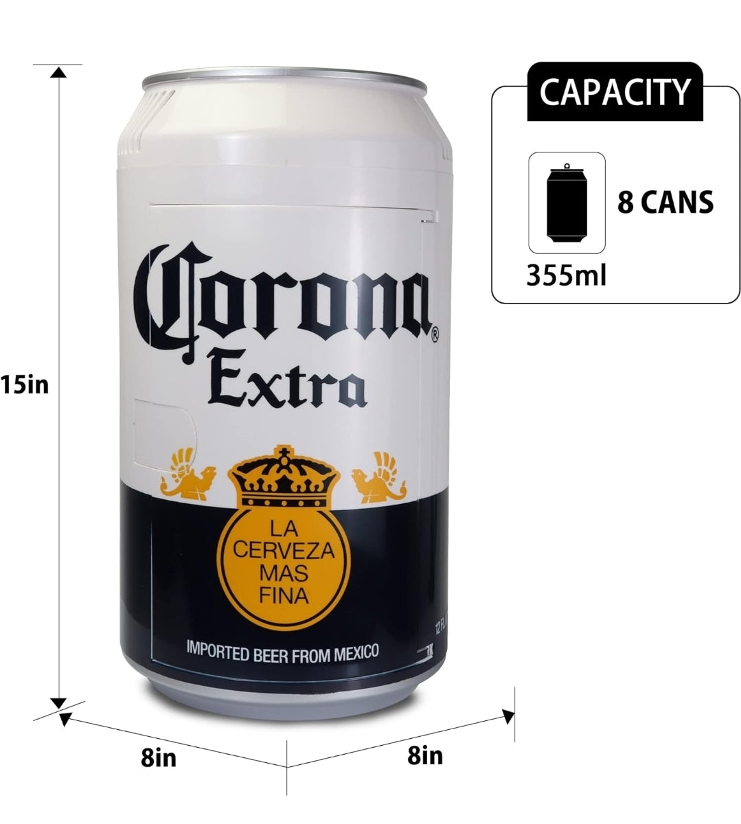 Corona 8 Can Portable Mini Fridge w/ 12V DC and 110V AC Cords, 5.4L (5.7 qt) Beer Can Shaped Personal Cooler, White, Travel Fridge for Beer, Snacks, Lunch, Drinks, Home, Office, Bar, Dorm, RV