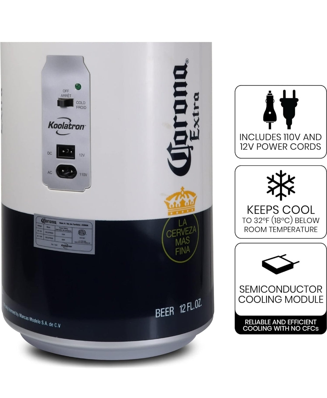 Corona 8 Can Portable Mini Fridge w/ 12V DC and 110V AC Cords, 5.4L (5.7 qt) Beer Can Shaped Personal Cooler, White, Travel Fridge for Beer, Snacks, Lunch, Drinks, Home, Office, Bar, Dorm, RV