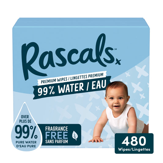 Rascals 99% Water Premium Baby Wipes for all Skin, 480 Count
