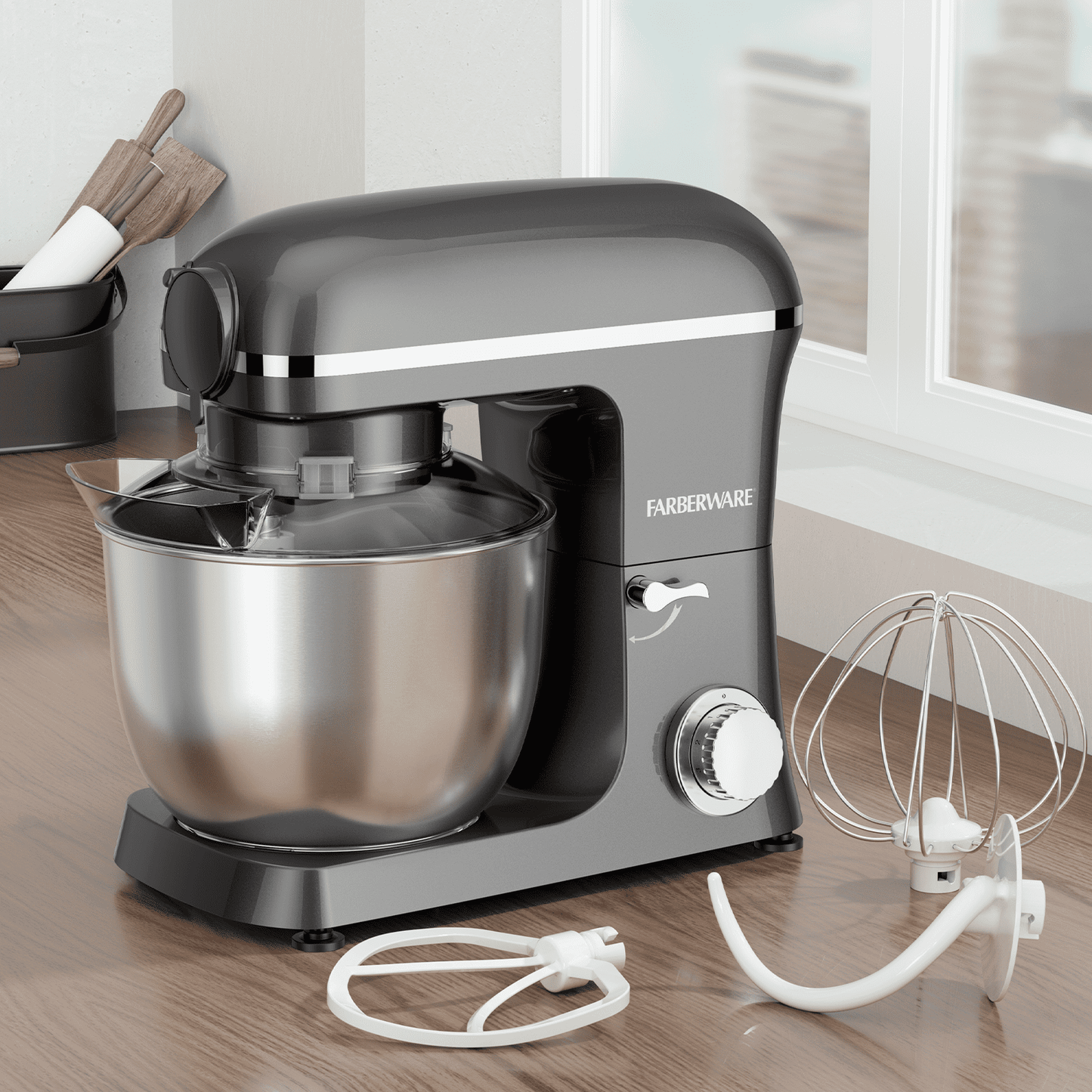 Farberware 5 qt Stand Mixer, Gray with Dough Hook, Paddle, Whisk