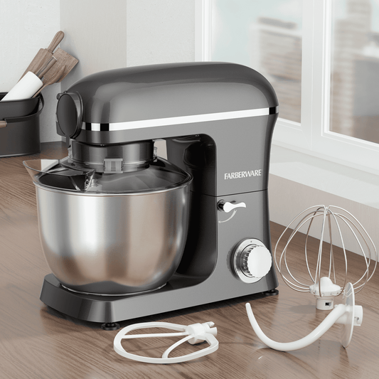 Farberware 5 qt Stand Mixer, Gray with Dough Hook, Paddle, Whisk