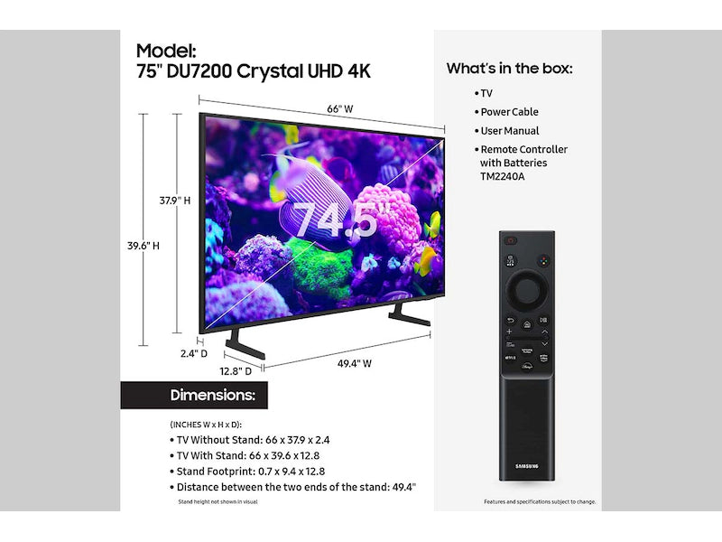 Samsung 75" Class DU7200 HDR Crystal UHD 4K Smart TV - Titan Gray