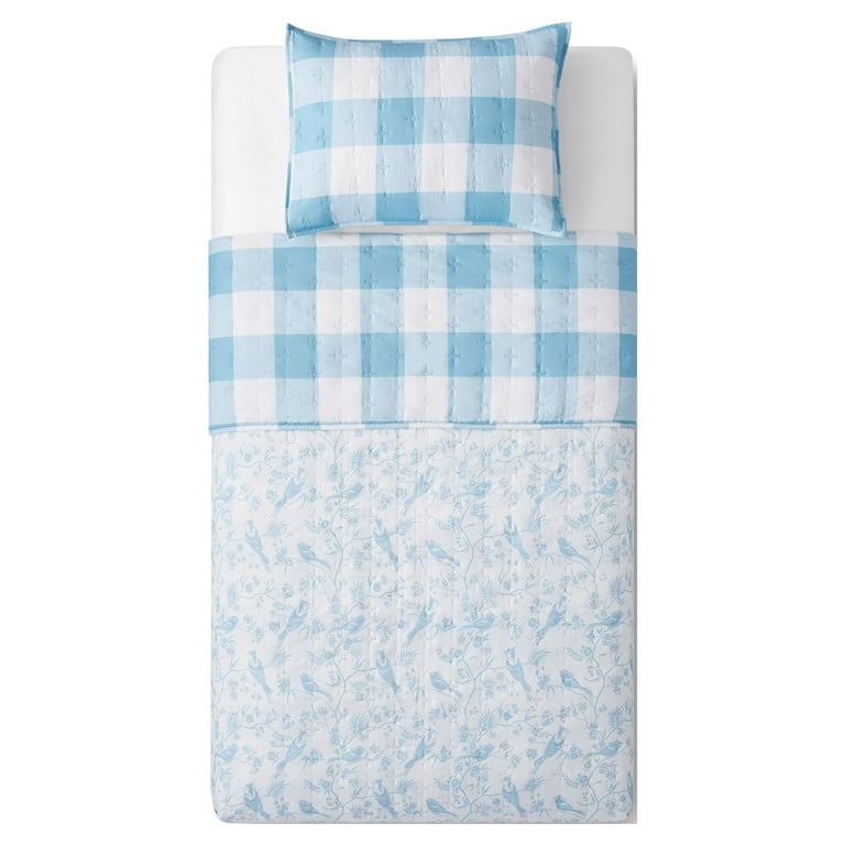 Mainstays Reversible Quilt Set In A Tote (Twin) Blue Plaid 3pc