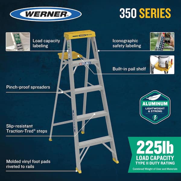 Werner 5 ft. Aluminum Step Ladder (9 ft. Reach Height) with 225 lb. Load Capacity Type II Duty Rating