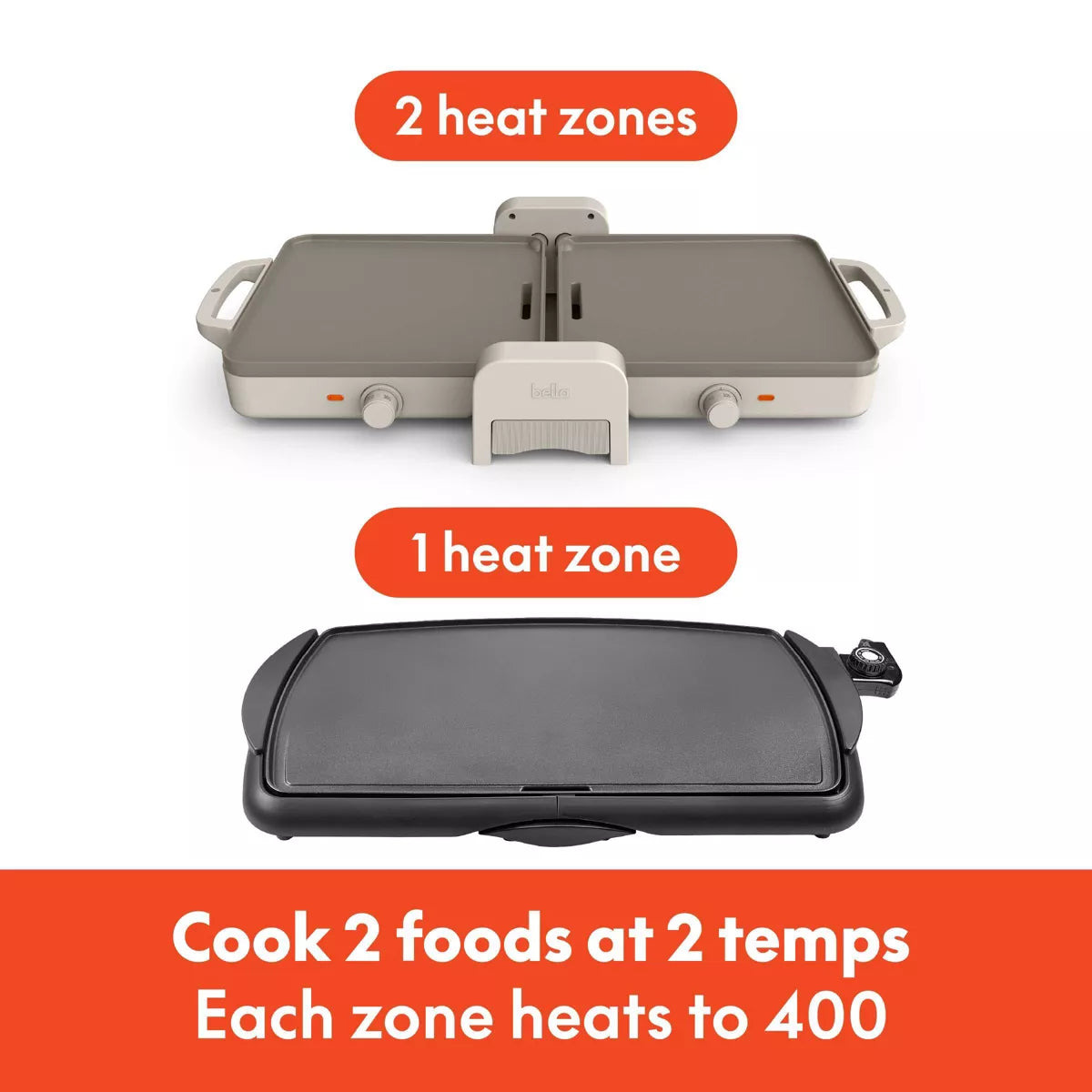 Bella Fold and Store Dual Temp Griddle Oatmilk: 1200W Electric Hot Plate, Aluminum Cooking Surface, 2-Year Warranty