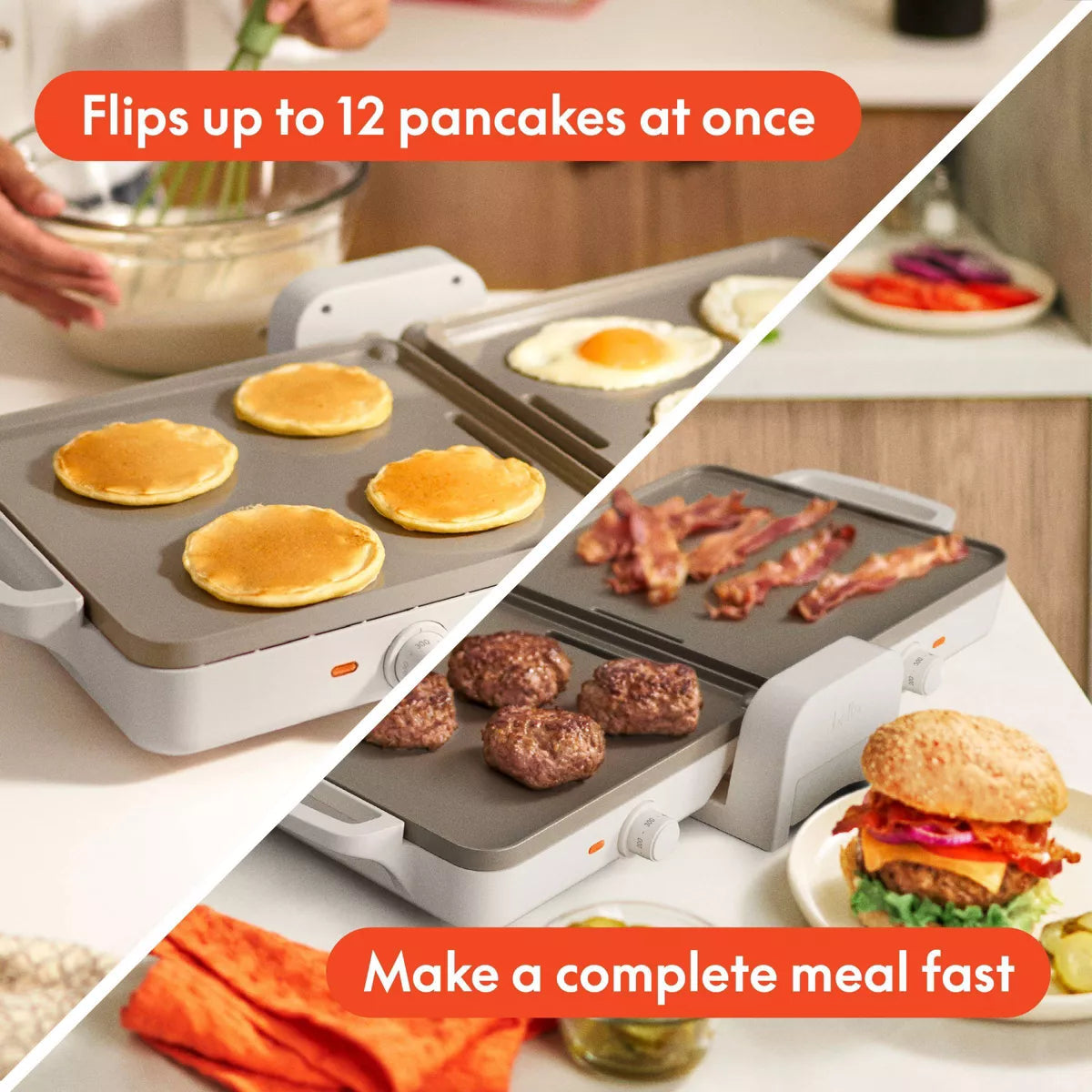 Bella Fold and Store Dual Temp Griddle Oatmilk: 1200W Electric Hot Plate, Aluminum Cooking Surface, 2-Year Warranty