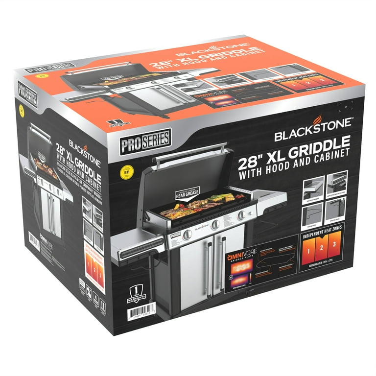 Blackstone ProSeries 3-Burner 28” Propane Griddle with Stainless Steel Cabinet and Hood