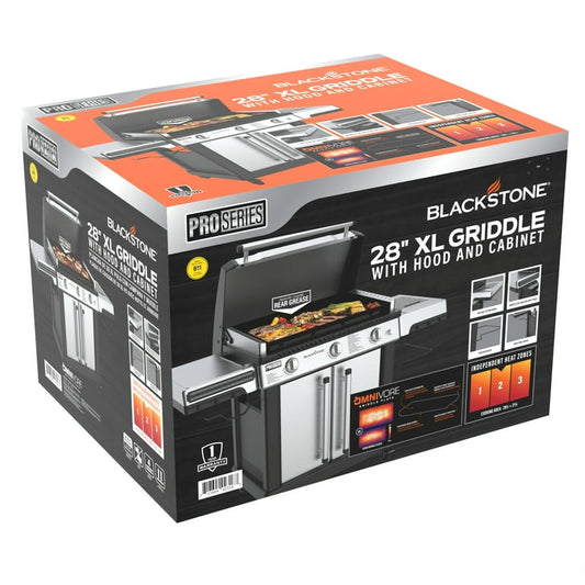 Blackstone ProSeries 3-Burner 28” Propane Griddle with Stainless Steel Cabinet and Hood