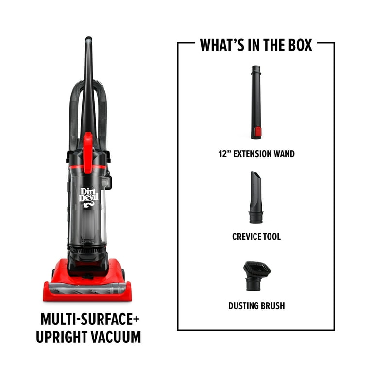 Dirt Devil Upright Vacuum, Multi-Surface Bagless, Lightweight Design with Extension Wand, Dusting Brush, Turbo & Crevice tool, UD76210V, Red & Black