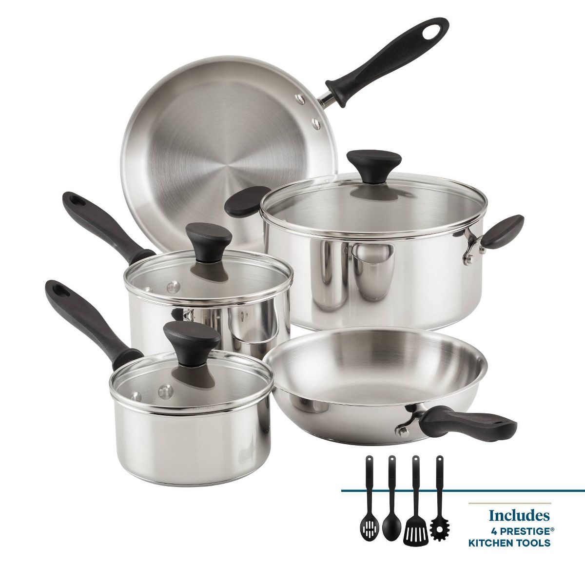 Farberware Reliance 12pc Stainless Steel Cookware Pot and Pan Set Silver: Dishwasher-Safe, Induction Compatible, Tempered Glass Lids