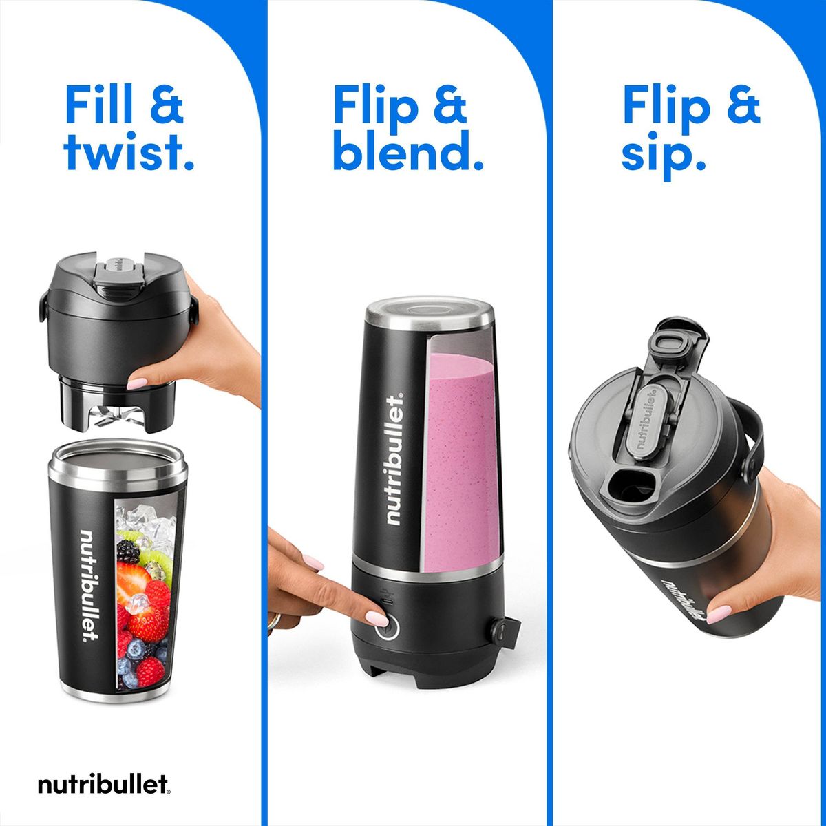 Nutribullet Flip Portable Blender with Black Insulated Cup: Cordless Personal Blender, Stainless Steel Blades