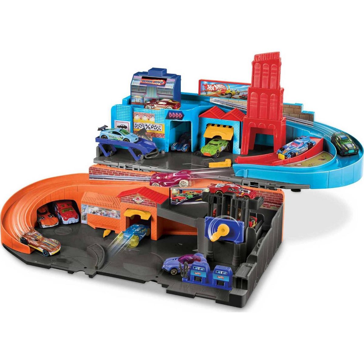 Hot Wheels Ultra Hots Sto & Go Track Set - 6 Piece + Flying Customs Retro Playset with 5 Die-Cast Cars