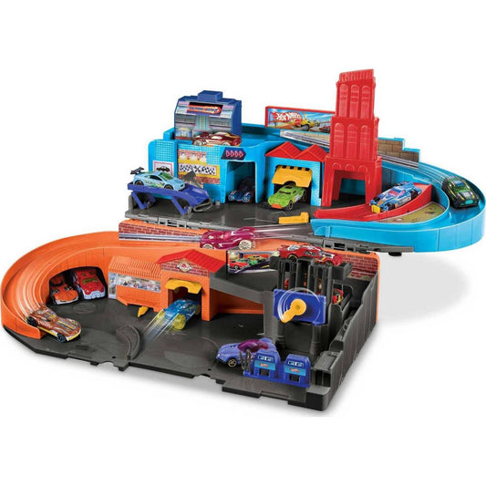 Hot Wheels Ultra Hots Sto & Go Track Set - 6 Piece + Flying Customs Retro Playset with 5 Die-Cast Cars