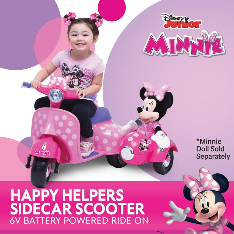 6V Disney Minnie Mouse Happy Helpers Scooter with Sidecar Ride-On Toy by Kid Trax, 1 mph