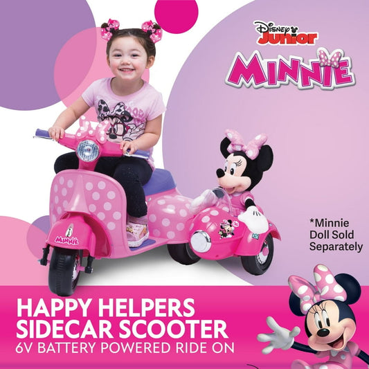 6V Disney Minnie Mouse Happy Helpers Scooter with Sidecar Ride-On Toy by Kid Trax, 1 mph
