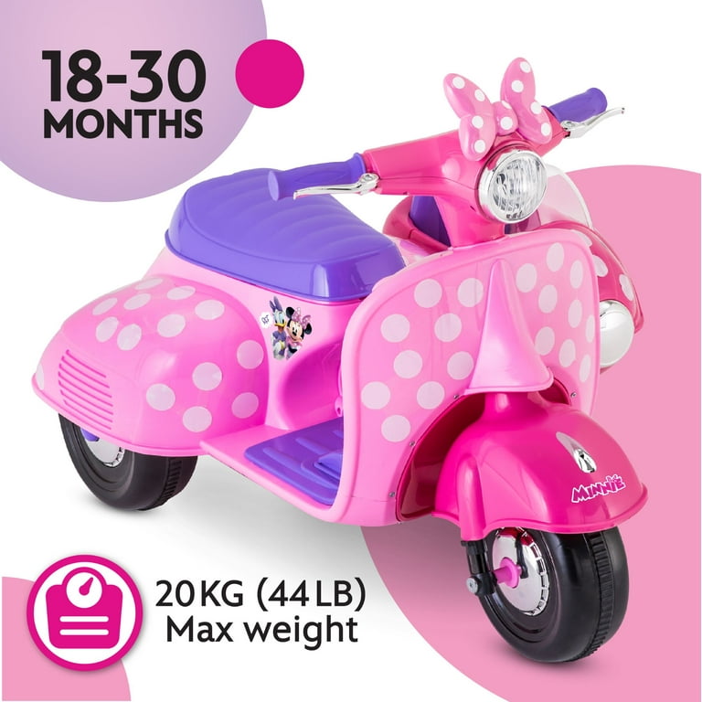 6V Disney Minnie Mouse Happy Helpers Scooter with Sidecar Ride-On Toy by Kid Trax, 1 mph