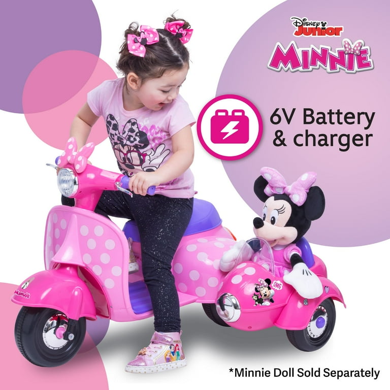 6V Disney Minnie Mouse Happy Helpers Scooter with Sidecar Ride-On Toy by Kid Trax, 1 mph