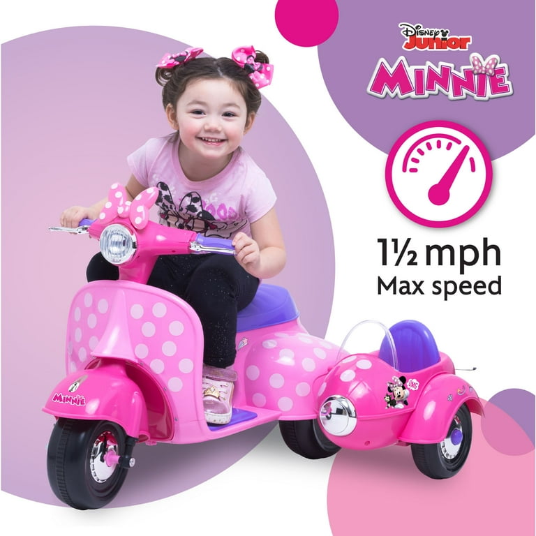 6V Disney Minnie Mouse Happy Helpers Scooter with Sidecar Ride-On Toy by Kid Trax, 1 mph