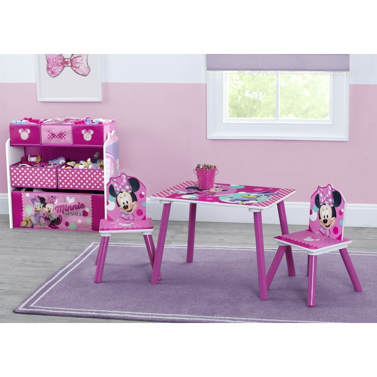 Minnie Mouse 4-Piece Wood Toddler Playroom Set – Includes Table, 2 Chairs & Toy Bin, Pink