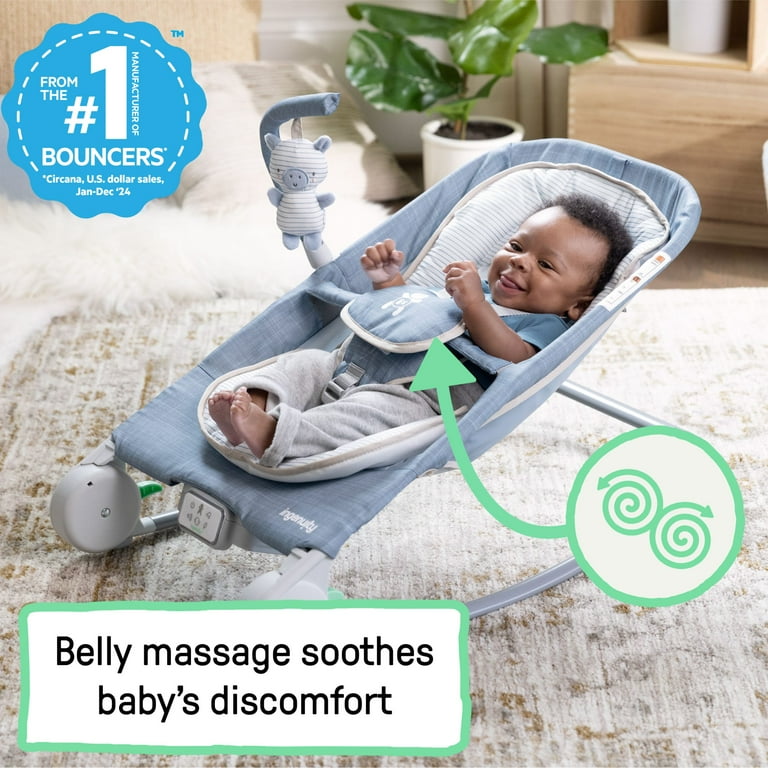 Ingenuity Happy Belly Rock-to-Bounce Infant Baby Massage Seat,Bouncer and Rocker For Ages 0-6 Months, Unisex, Blue - Chambray
