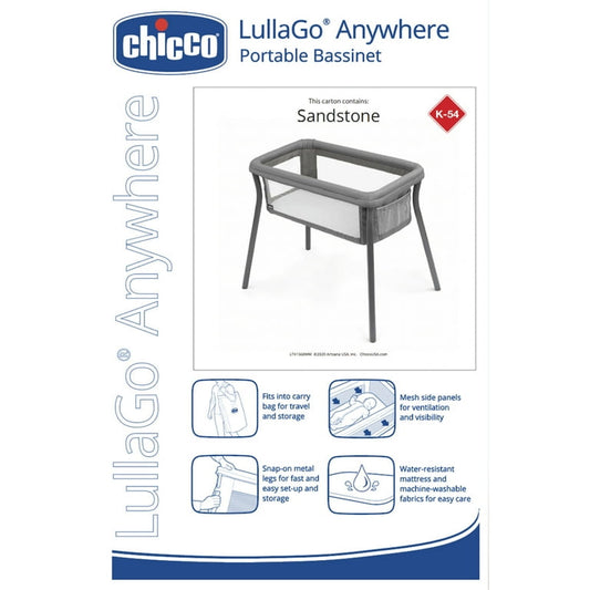 Chicco LullaGo Anywhere Portable Bedside Bassinet - Sandstone (Grey), New