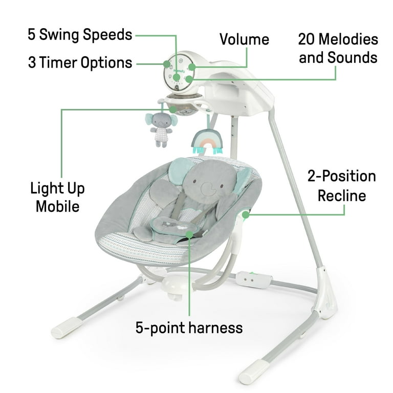 Ingenuity InLighten Baby Swing, Motorized Vibrating, Swivel Infant Seat, Gray