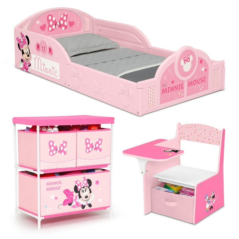 Disney Minnie Mouse 3-Piece Toddler Bedroom Set by Delta Children - Includes Toddler Bed, Chair Desk and Toy Organizer, Pink