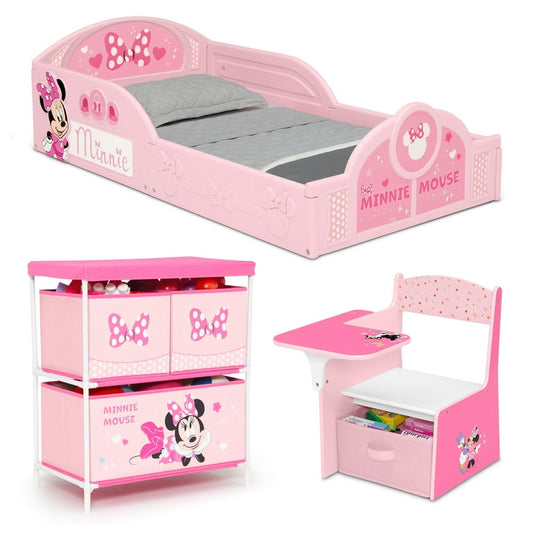 Disney Minnie Mouse 3-Piece Toddler Bedroom Set by Delta Children - Includes Toddler Bed, Chair Desk and Toy Organizer, Pink