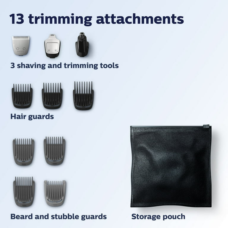 Philips Norelco Multi Groomer - 13 Piece Mens Grooming Kit For Beard, Face, Nose, and Ear Hair Trimmer and Hair Clipper - No Blade Oil Needed, MG3750/60