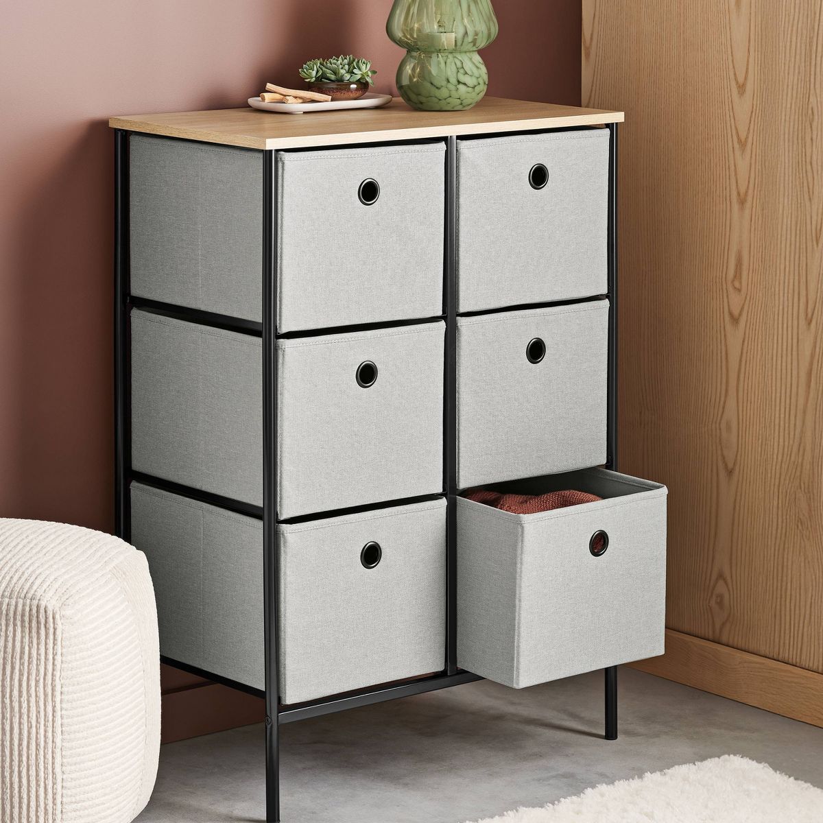 Room Essentials Fabric 6 Bin Tall Vertical Dresser Black Frame  (Assembly Required)