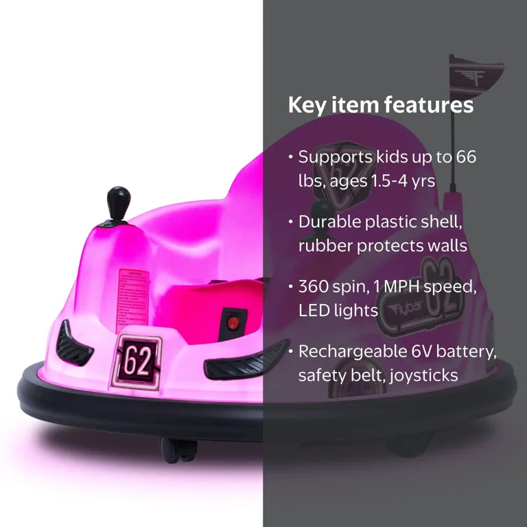 Flybar Pink Glow 6V Bumper Car, Battery Powered Ride On for Children Ages 1.5+, 66lbs