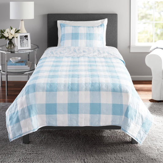 Mainstays Reversible Quilt Set In A Tote (Twin) Blue Plaid 3pc