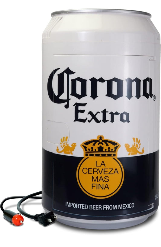 Corona 8 Can Portable Mini Fridge w/ 12V DC and 110V AC Cords, 5.4L (5.7 qt) Beer Can Shaped Personal Cooler, White, Travel Fridge for Beer, Snacks, Lunch, Drinks, Home, Office, Bar, Dorm, RV