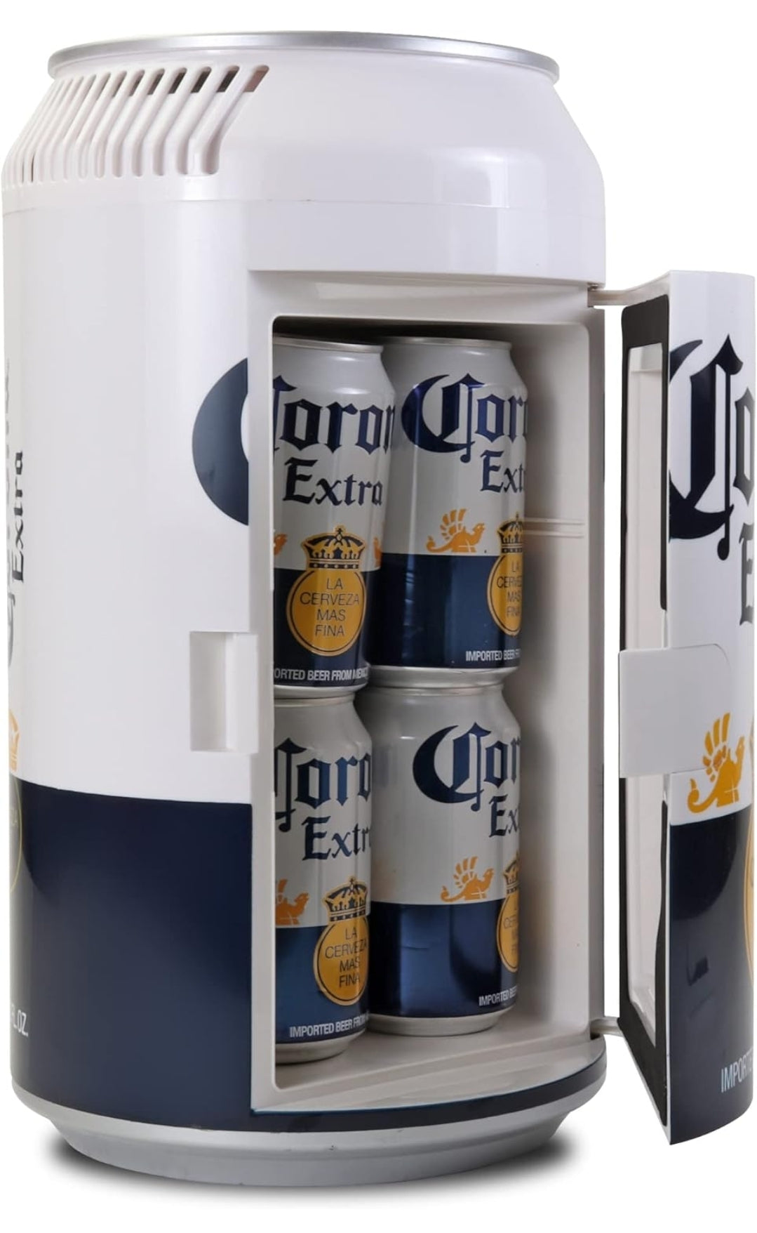 Corona 8 Can Portable Mini Fridge w/ 12V DC and 110V AC Cords, 5.4L (5.7 qt) Beer Can Shaped Personal Cooler, White, Travel Fridge for Beer, Snacks, Lunch, Drinks, Home, Office, Bar, Dorm, RV