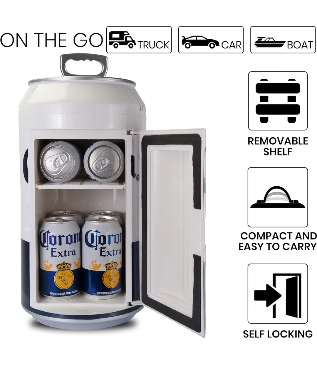 Corona 8 Can Portable Mini Fridge w/ 12V DC and 110V AC Cords, 5.4L (5.7 qt) Beer Can Shaped Personal Cooler, White, Travel Fridge for Beer, Snacks, Lunch, Drinks, Home, Office, Bar, Dorm, RV