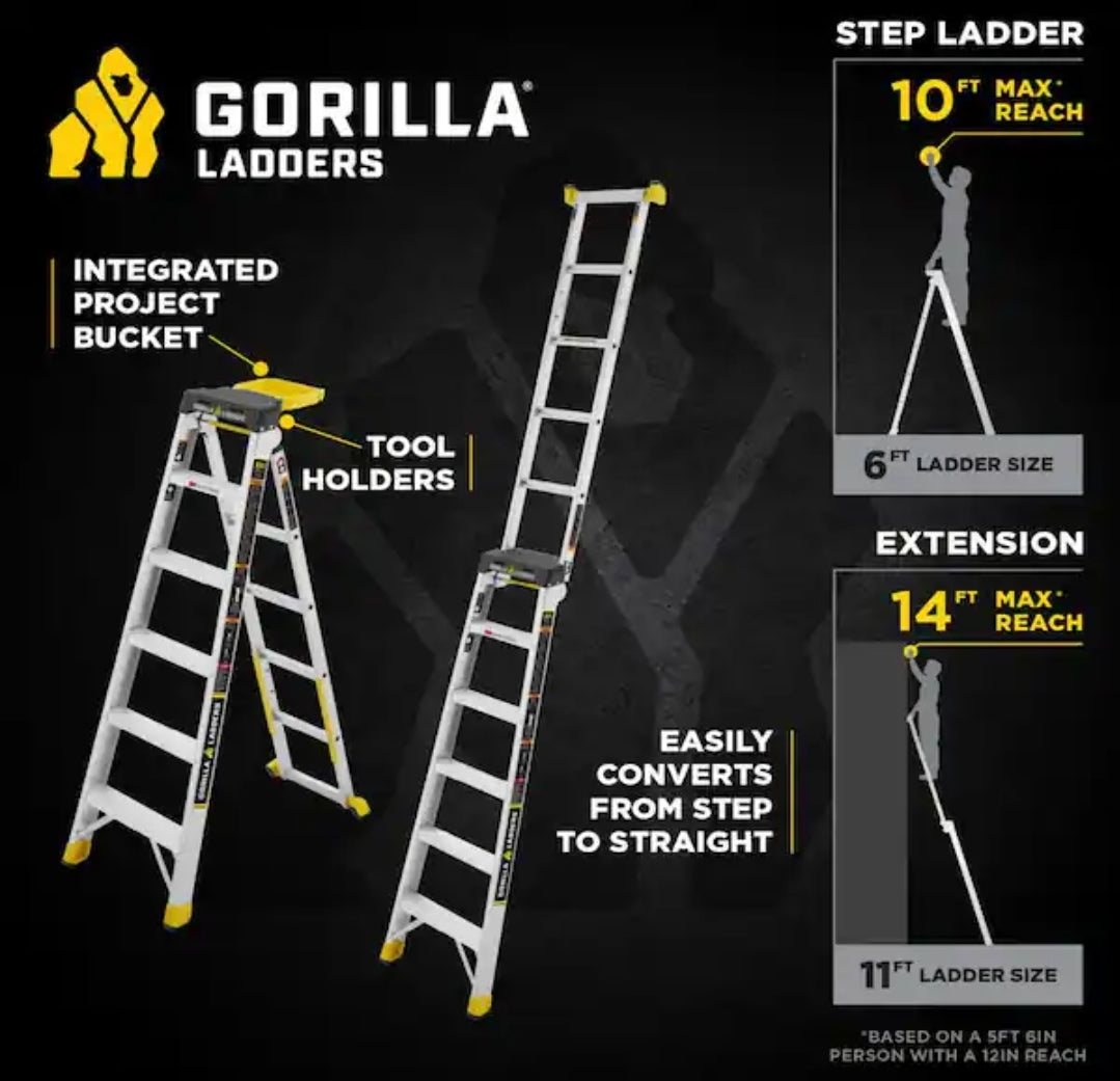 Gorilla Ladders 14 ft. Reach Aluminum 2-in-1 Extension Multi-Position Ladder with Project Bucket, 300 lbs. Capacity, Type 1A