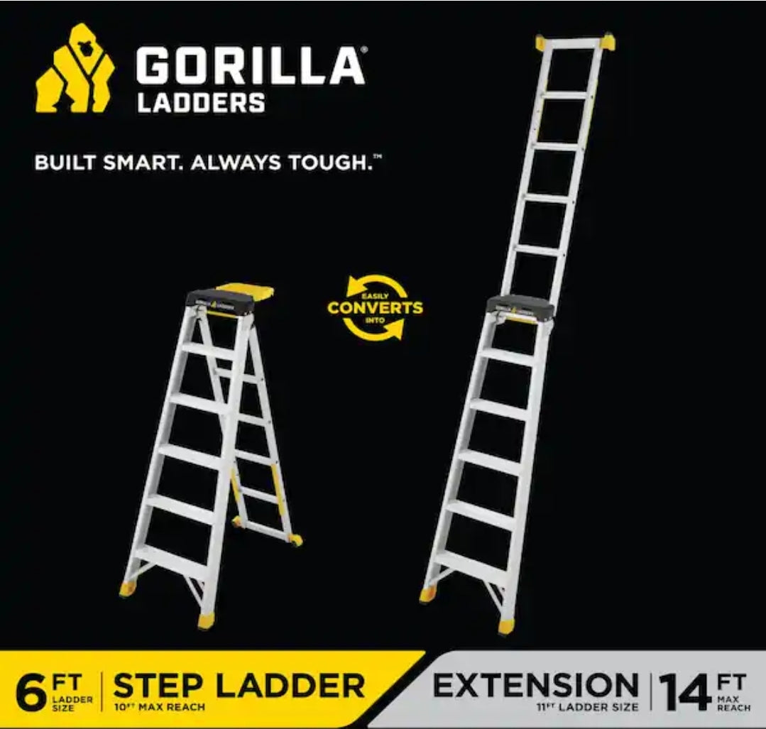 Gorilla Ladders 14 ft. Reach Aluminum 2-in-1 Extension Multi-Position Ladder with Project Bucket, 300 lbs. Capacity, Type 1A