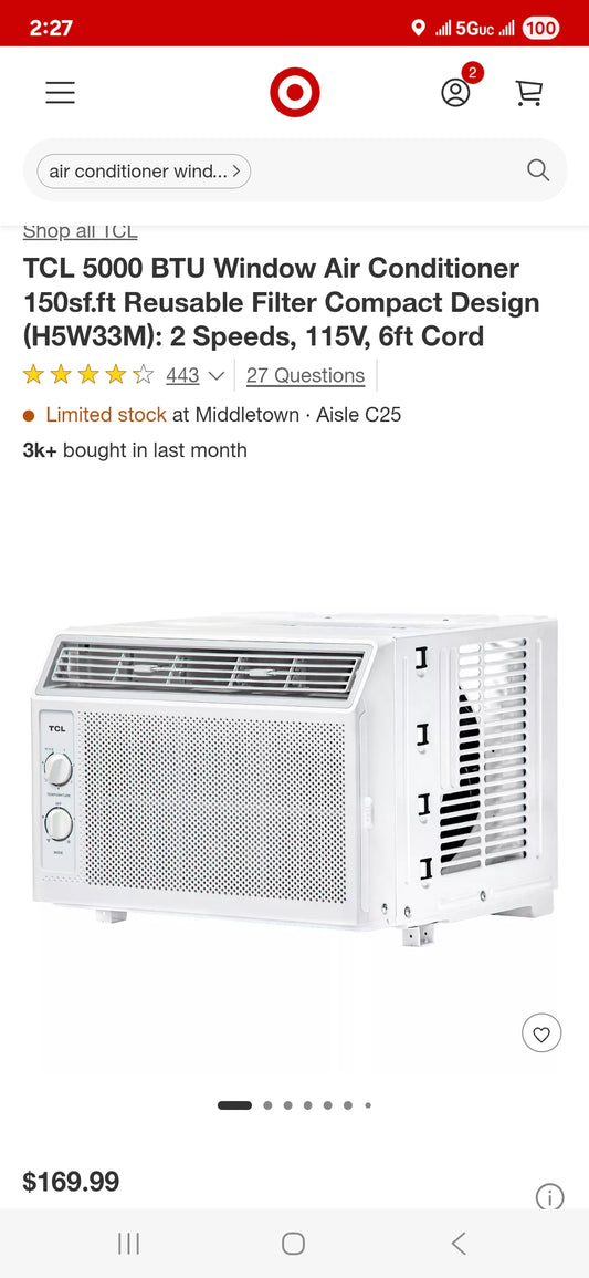 TCL 5000 BTU Window Air Conditioner 150sf.ft Reusable Filter Compact Design (H5W33M): 2 Speeds, 115V, 6ft Cord