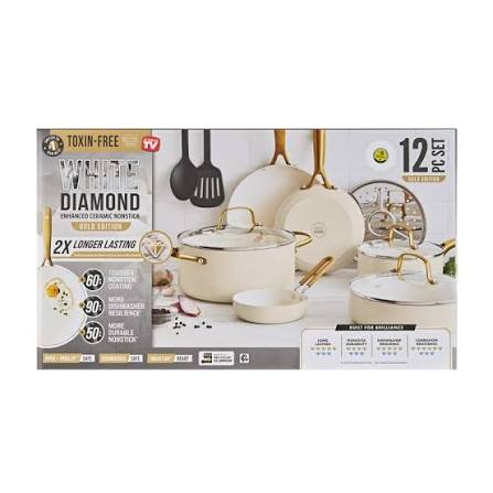 White Diamond Enhanced Ceramic Non-Stick Gold Edition 12pc Cookware Set