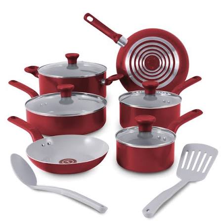 T-Fal Easy Care Ceramic Non-Stick 12 pc Cookware Set - Red