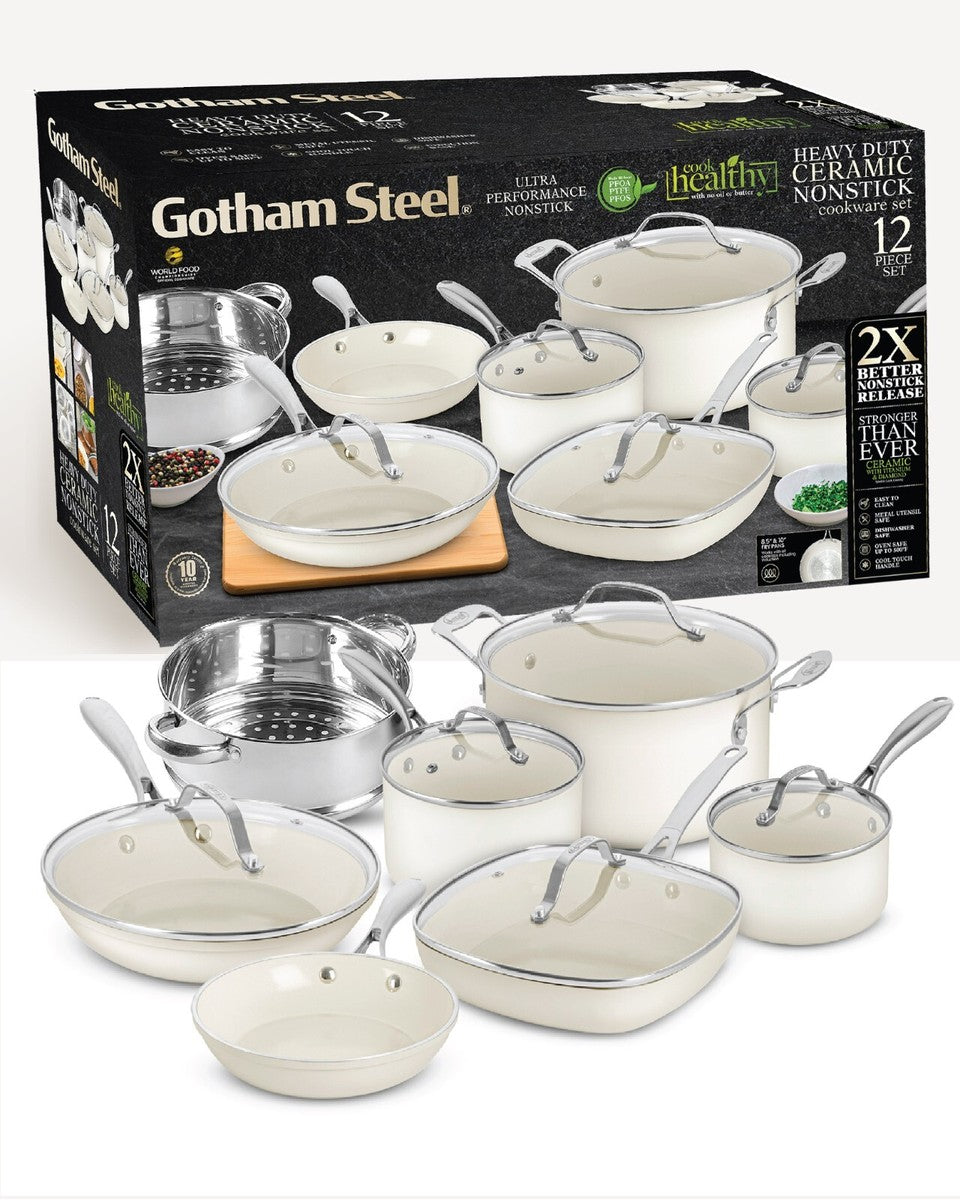 Gotham Steel Heavy Duty Ceramic Non-Stick 12pc Cookware Set - White